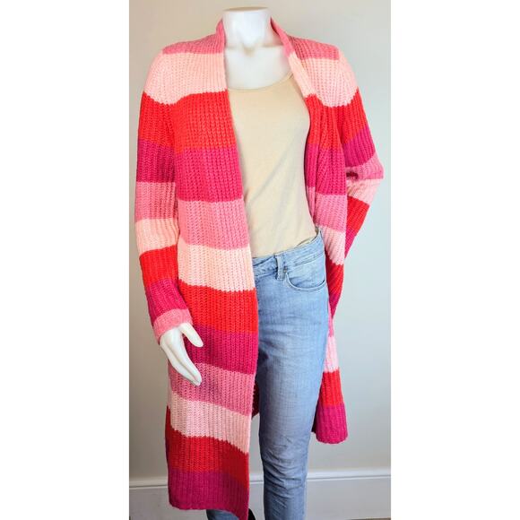 LOFT Red Pink Wide Stripe Open Cardigan Duster Fuzzy Sweater Pockets Size Large - Picture 2 of 9